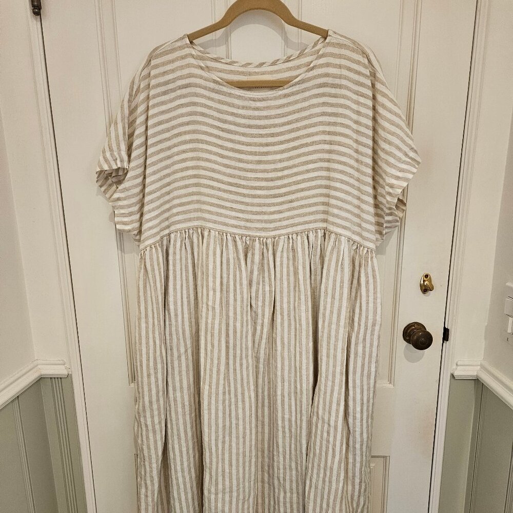 OffOn- SILVINA white & beige stripe Oversize linen dress